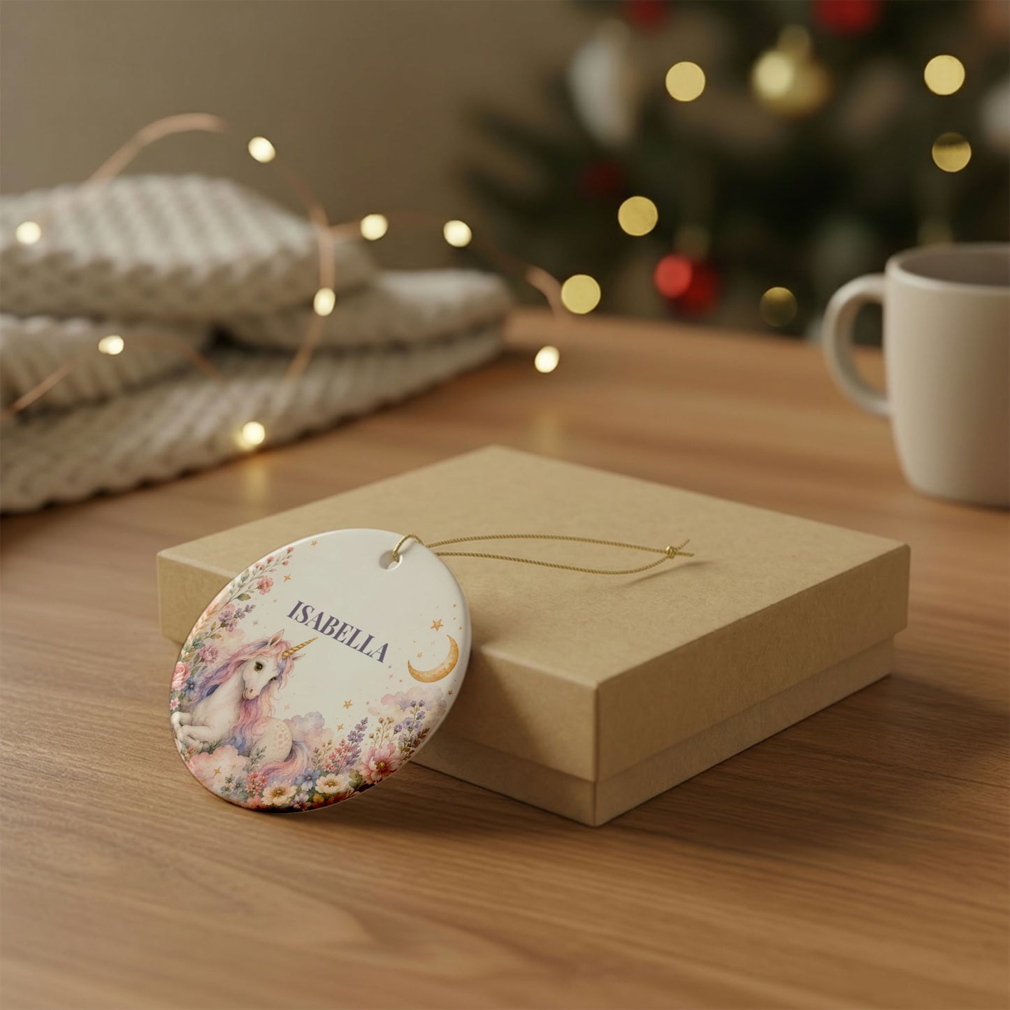 Personalized Unicorn Ornament — Ceramic Name Decoration (Isabella)