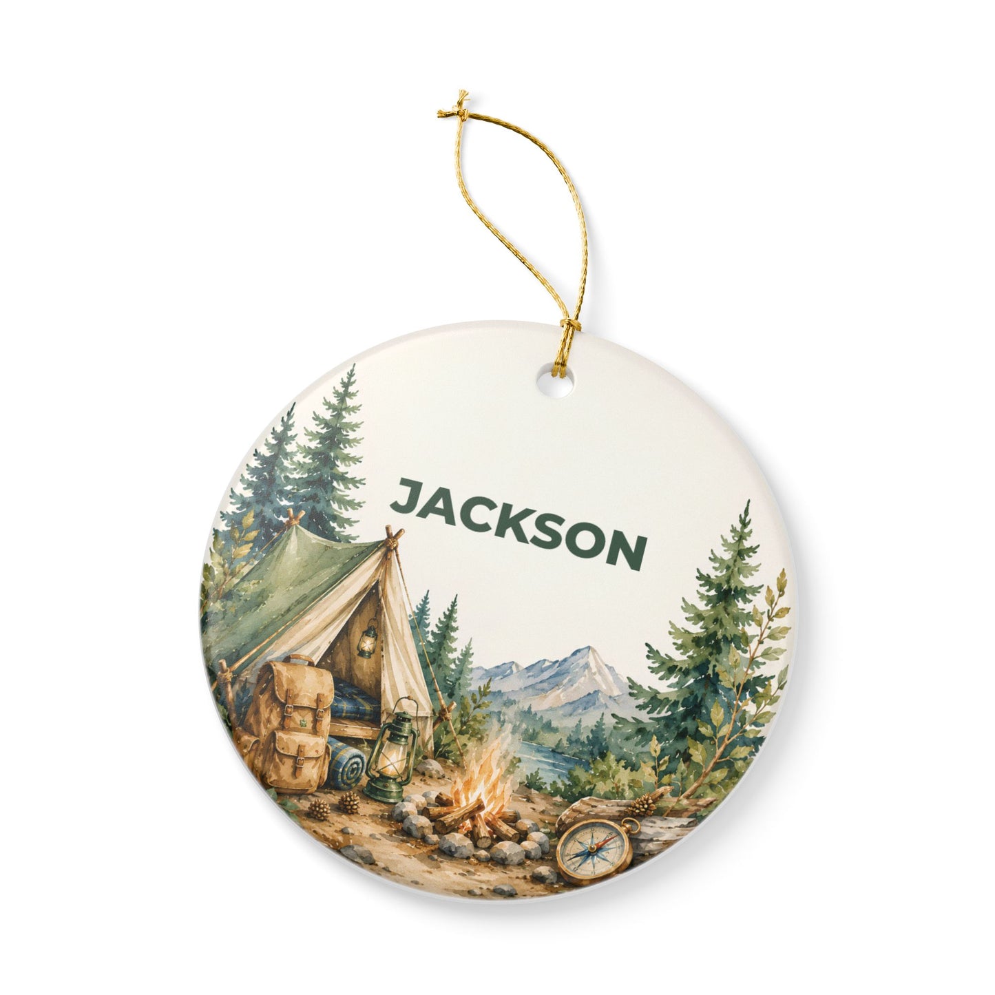 Personalized Camping Ornament — Custom Name Ceramic Holiday Decoration (Jackson)