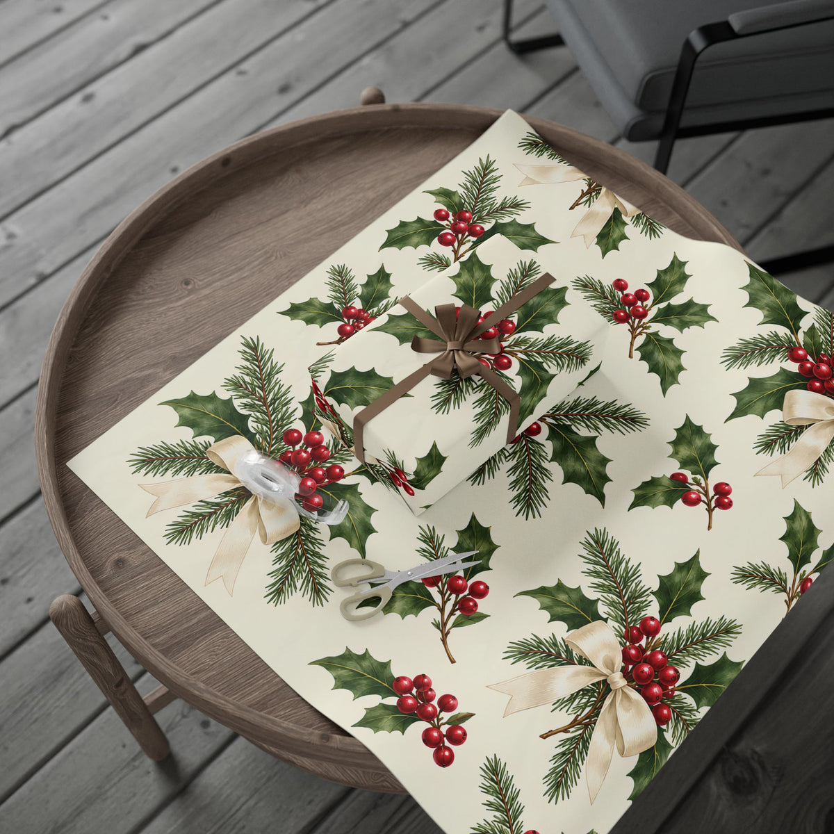 Christmas Pine & Holly Gift Wrapping Paper Roll