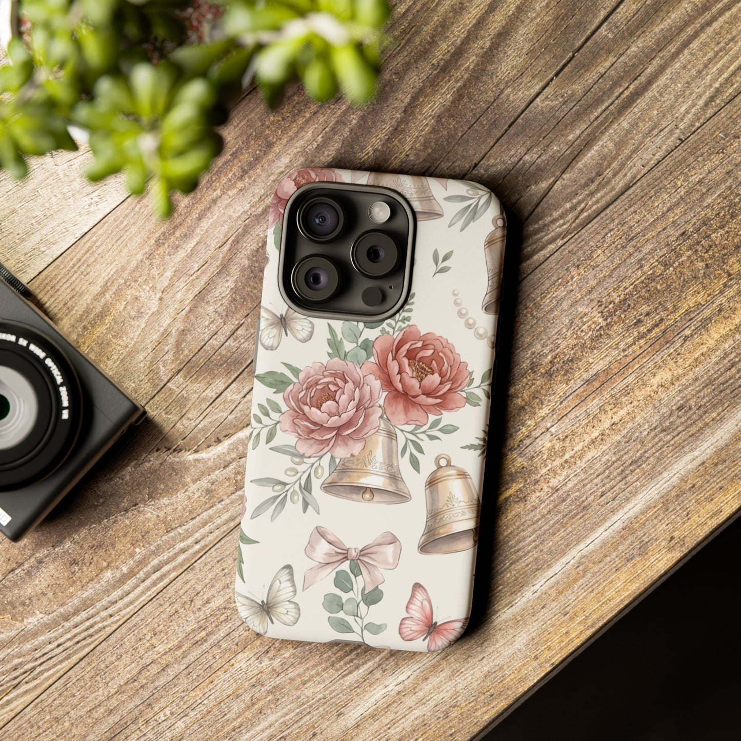 Floral Wedding Bells Phone Case — Vintage Roses, Butterflies & Bow Protective Tough Case
