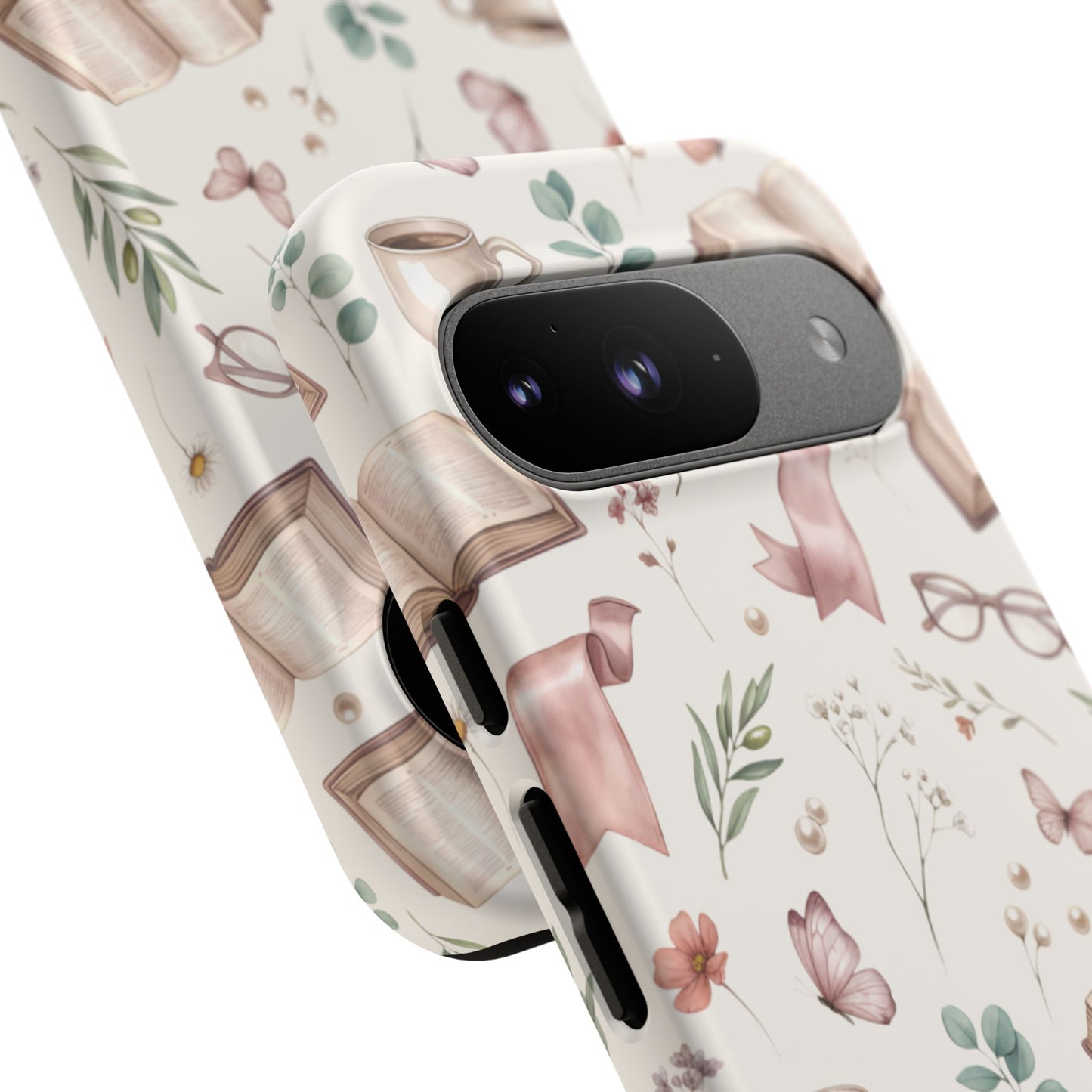 Bookish Floral Phone Case — Cozy Reading Pattern with Open Books, Glasses & Coffee