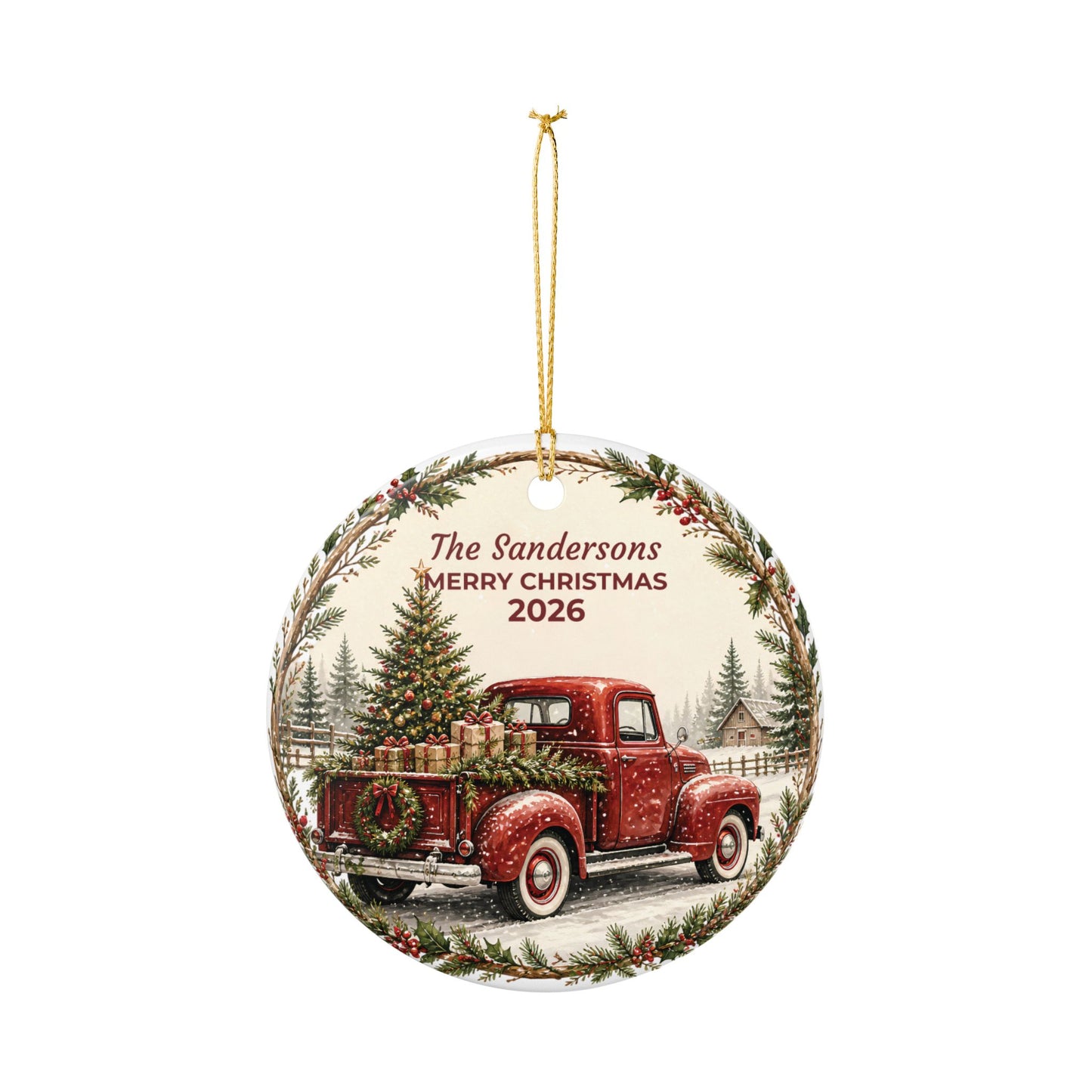 Personalized Ceramic Christmas Ornament — Vintage Red Truck "The Sandersons Merry Christmas"