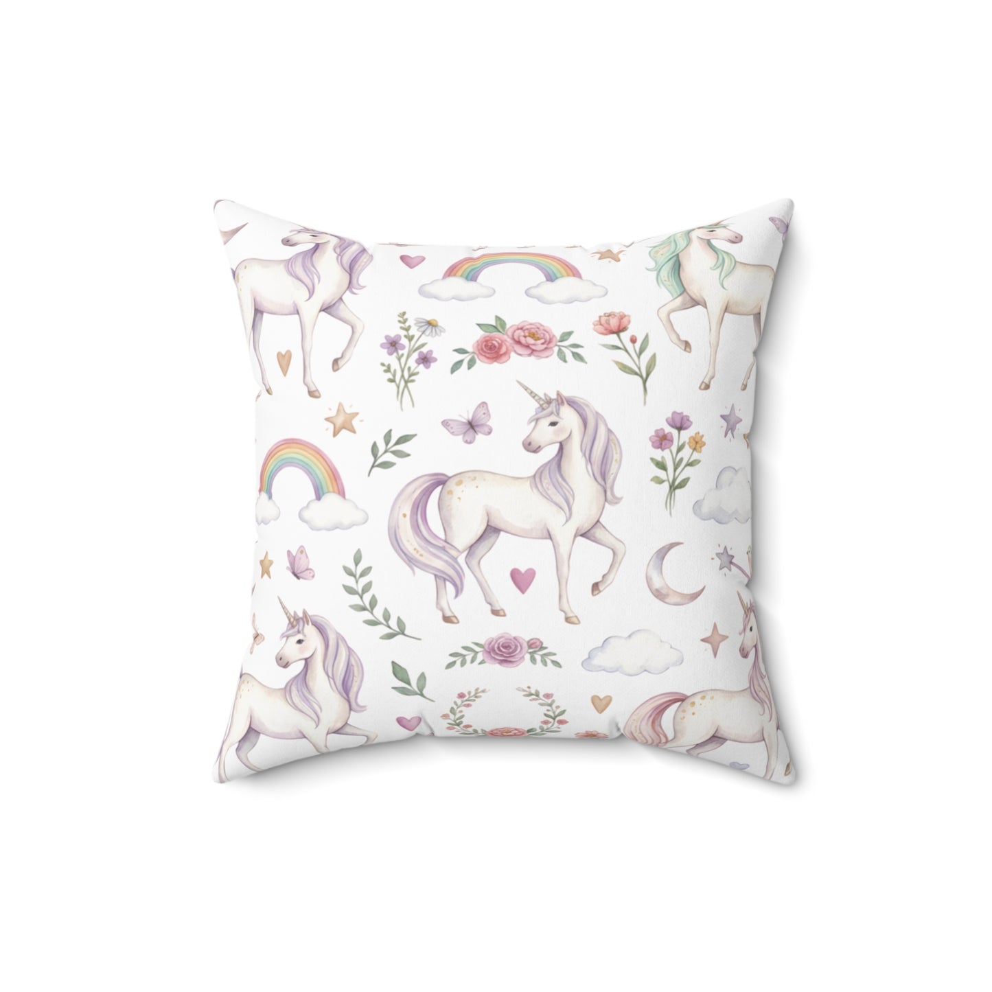 Unicorn Pattern Polyester Pillow — Pastel Rainbows & Floral Square Cushion