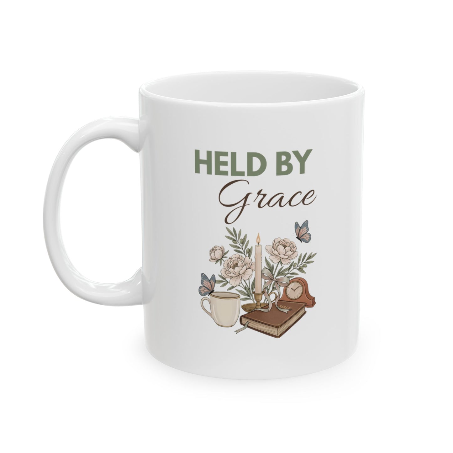 Held by Grace Ceramic Coffee Mug – Christian Inspirational Mug – Floral Bible Study Coffee Cup – Faith Gift for Women – 11oz & 15oz