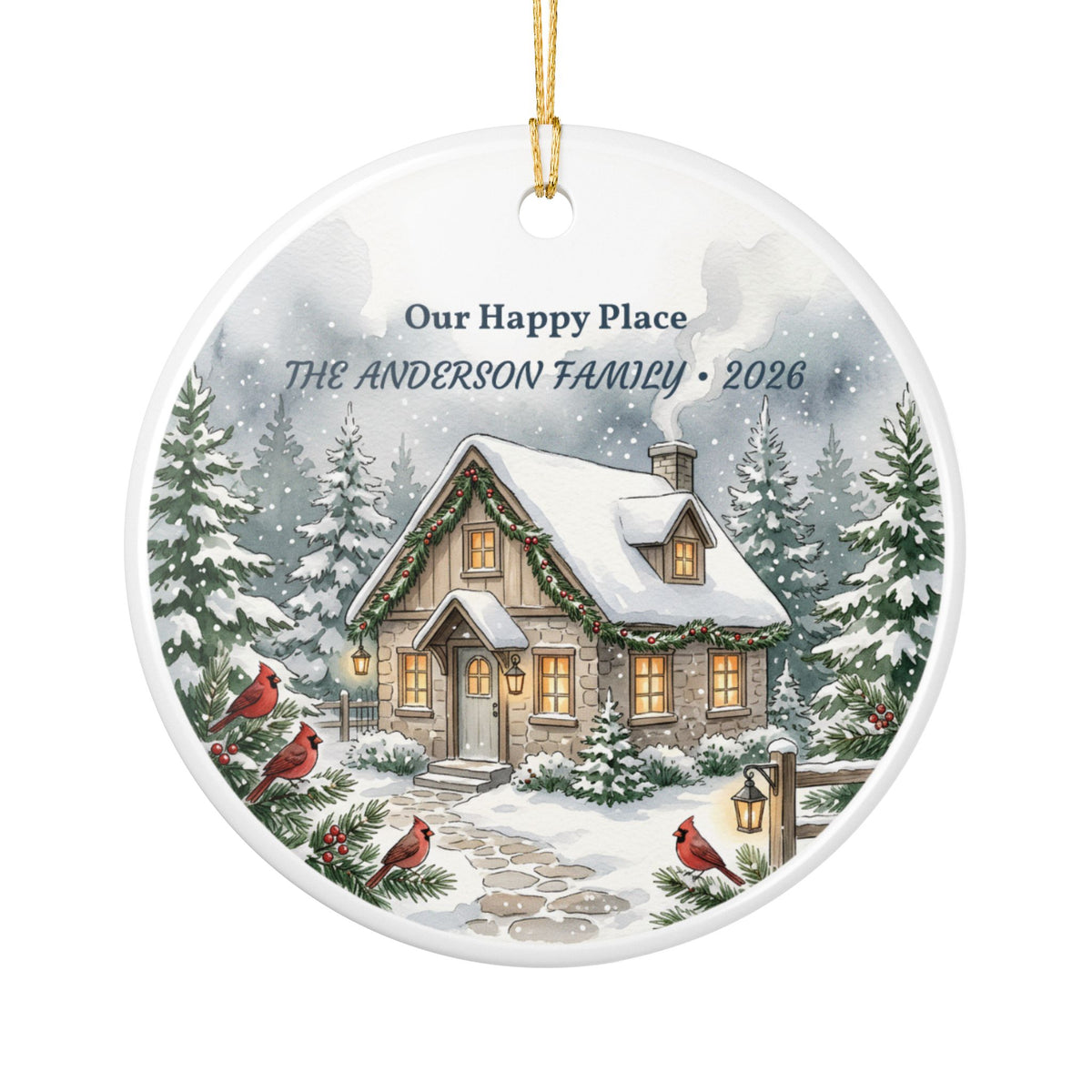 Personalized Ceramic Christmas Ornament – “Our Happy Place” Snowy Cottage with Family Name & Year