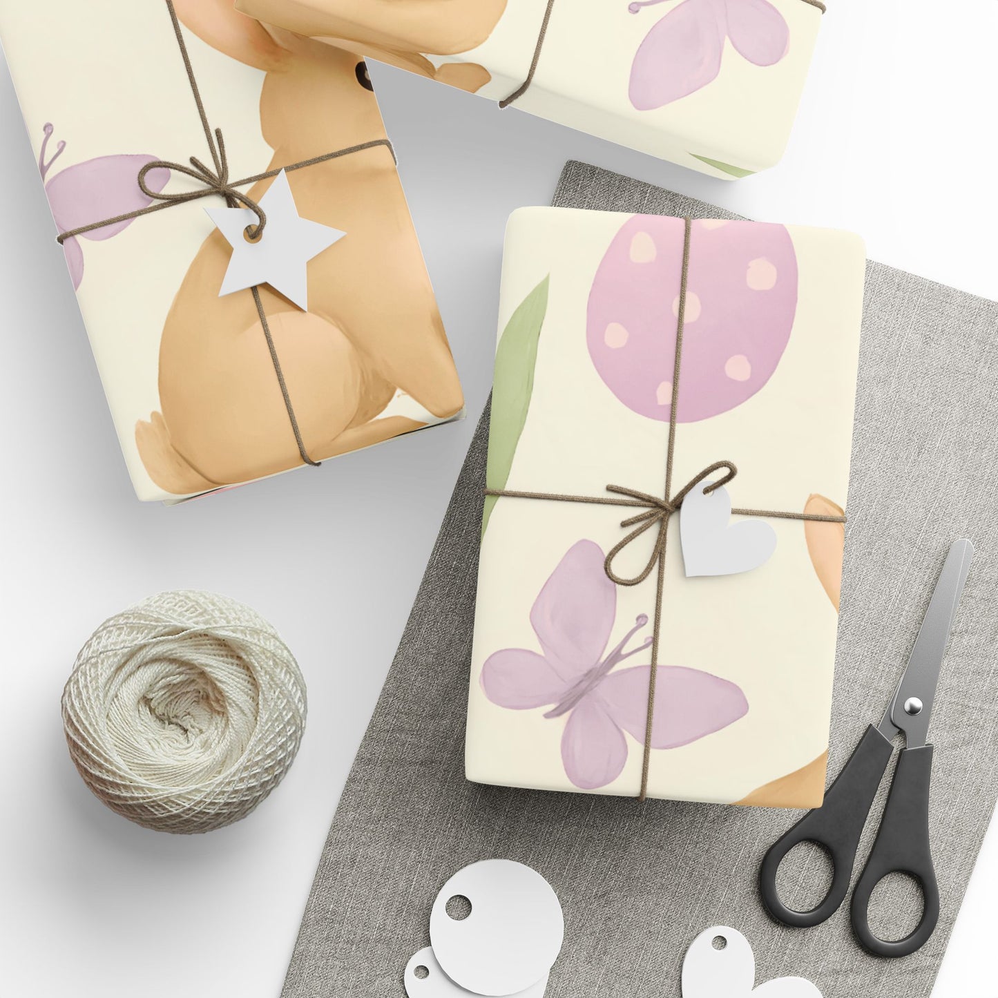 Pastel Easter Wrapping Paper – Bunnies, Eggs, Tulips & Butterflies on Cream Background