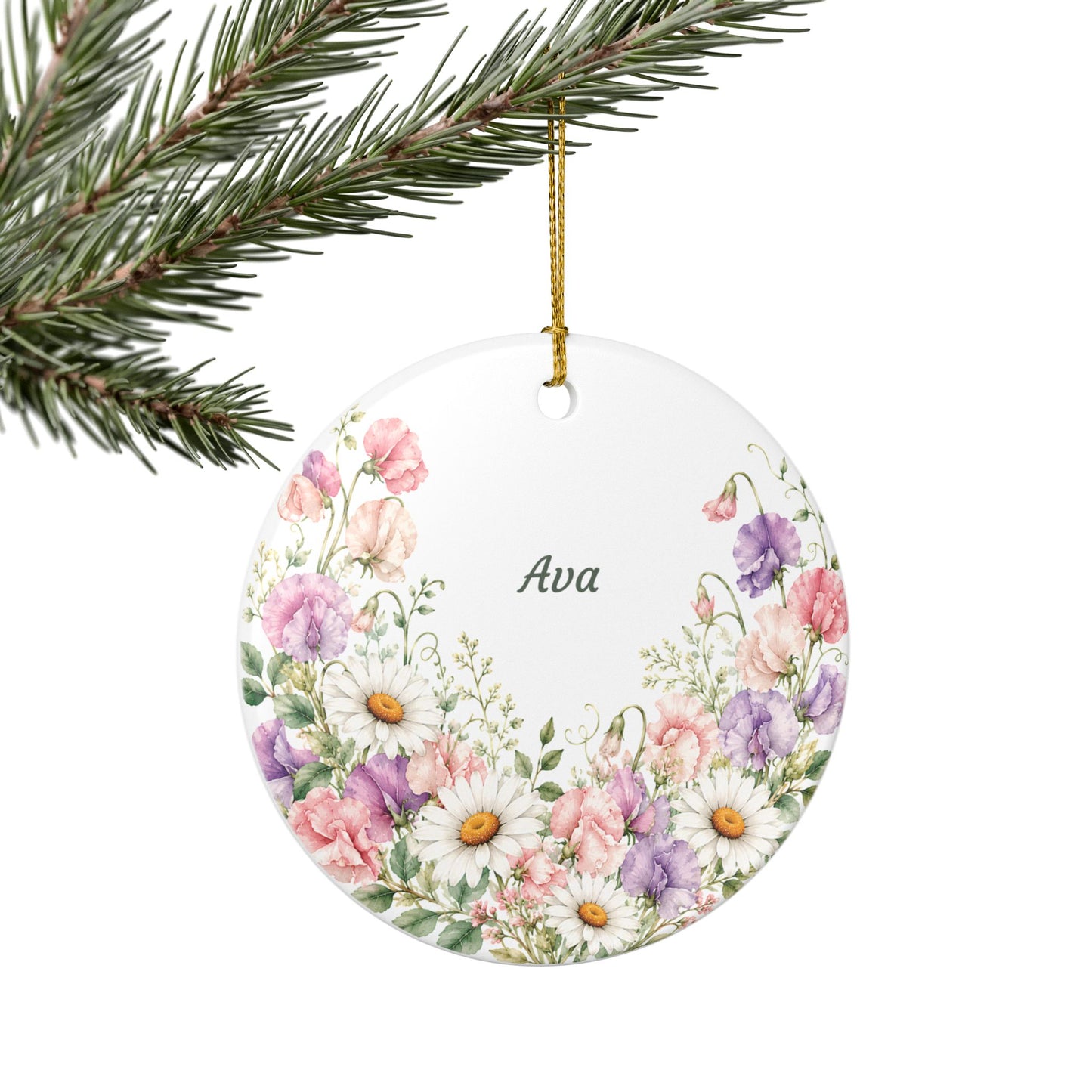 Personalized Floral Ceramic Ornament — Custom Name Daisies & Wildflowers