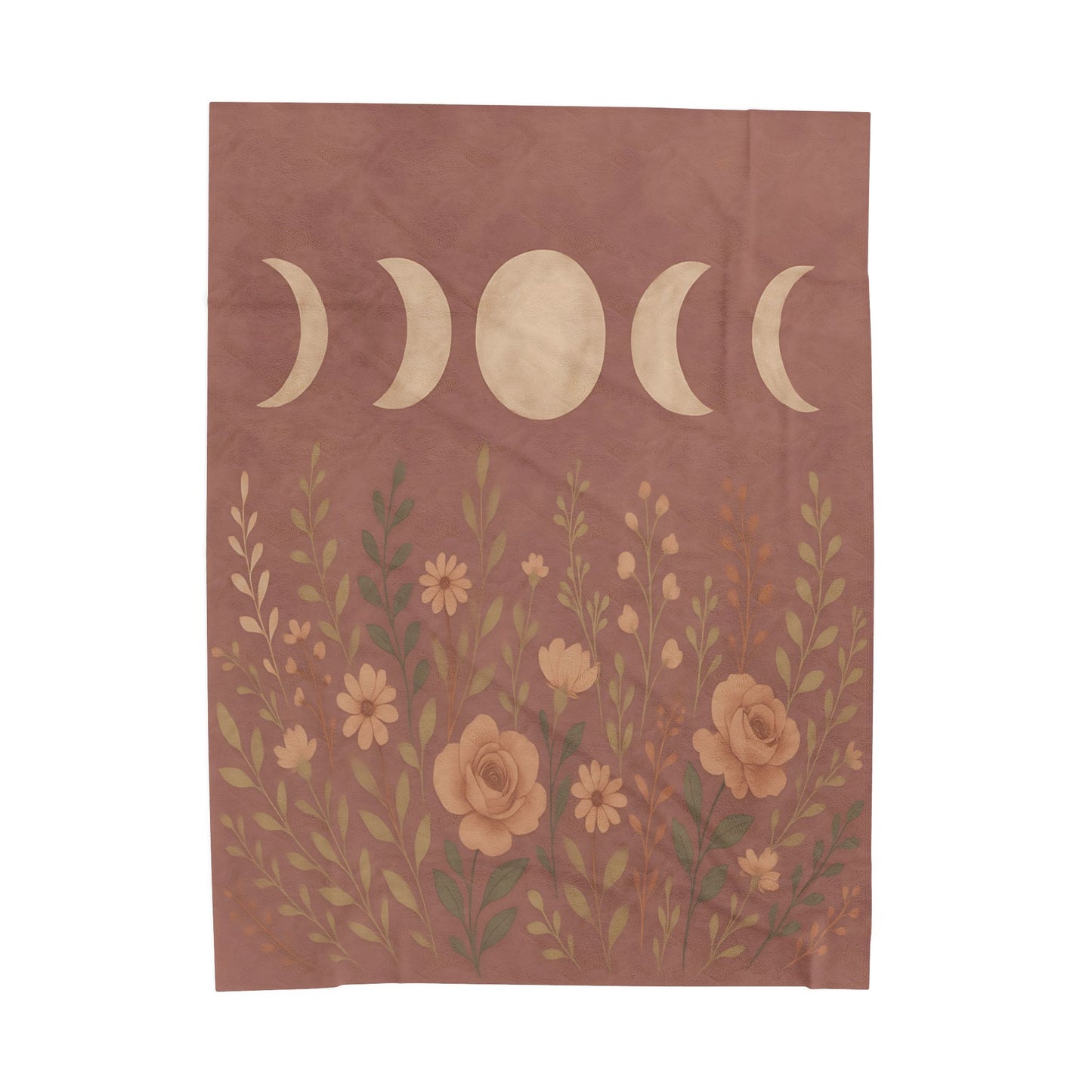 Moon Phases & Wildflowers Velveteen Plush Blanket – Boho Floral Throw for Cozy Nights