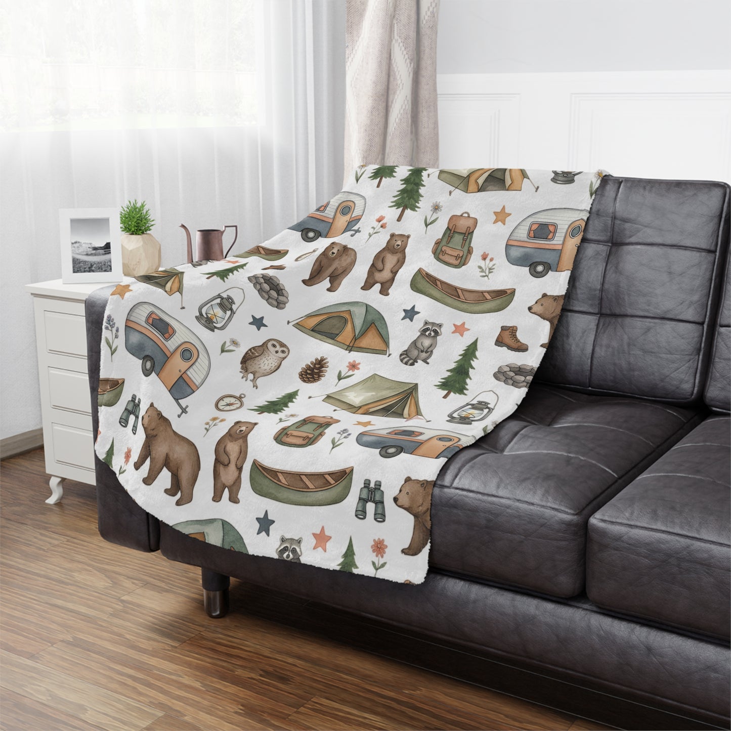 Camping Pattern Minky Blanket — Cozy Outdoor Adventure Throw with Tents, Campfire & Wildlife