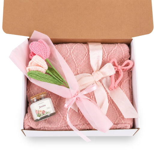 Blush & Bloom Gift Set — Personalized Candle, Cozy Throw, Crochet Bouquet & Bow Clip