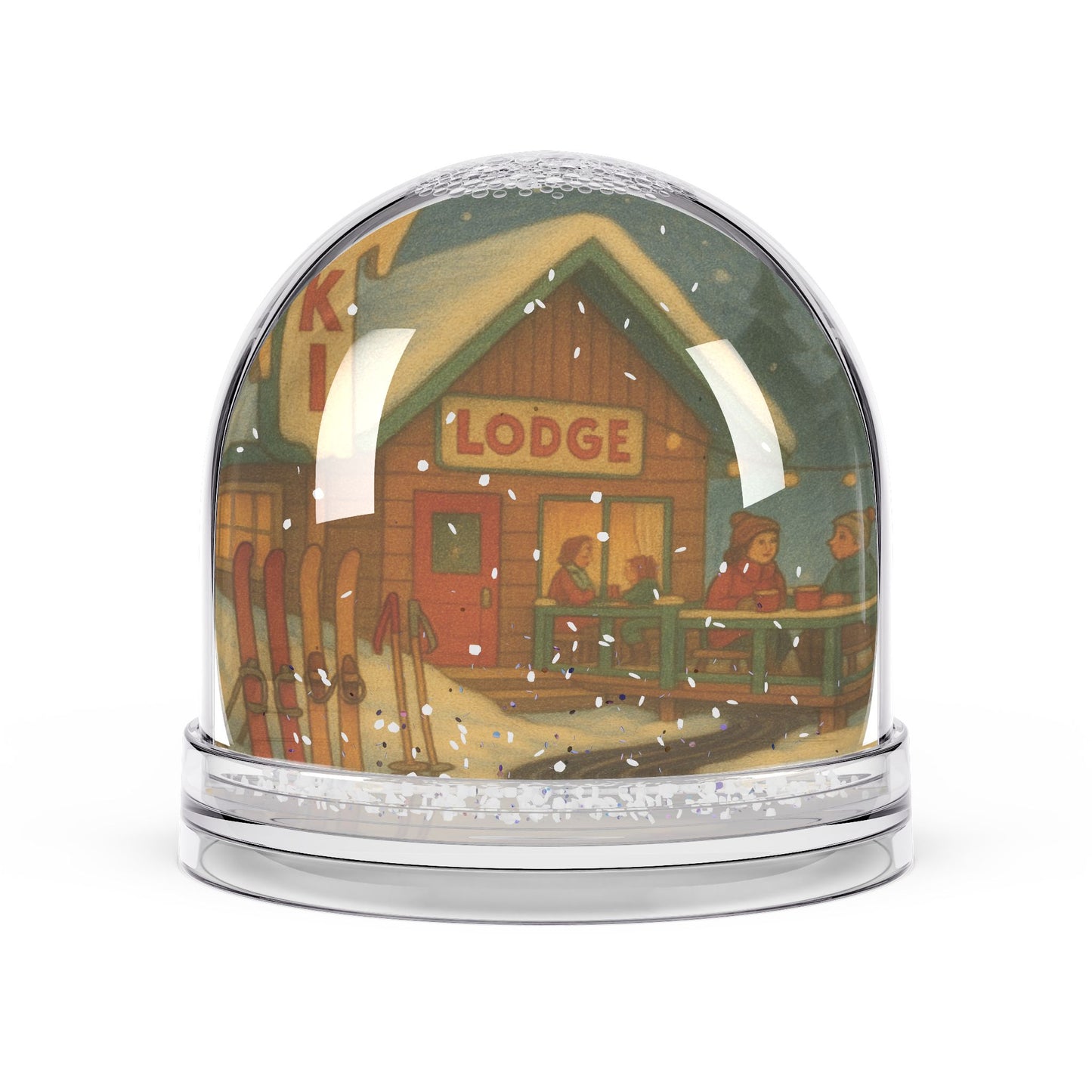 Retro Ski Lodge Snow Globe – Cozy Winter Cabin Scene with Glitter Snow