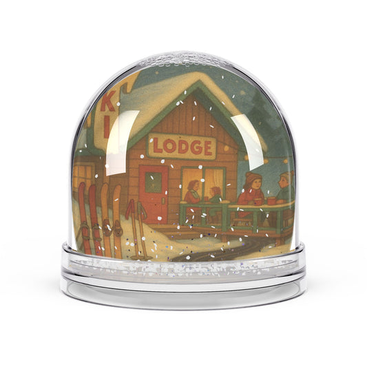 Retro Ski Lodge Snow Globe – Cozy Winter Cabin Scene with Glitter Snow