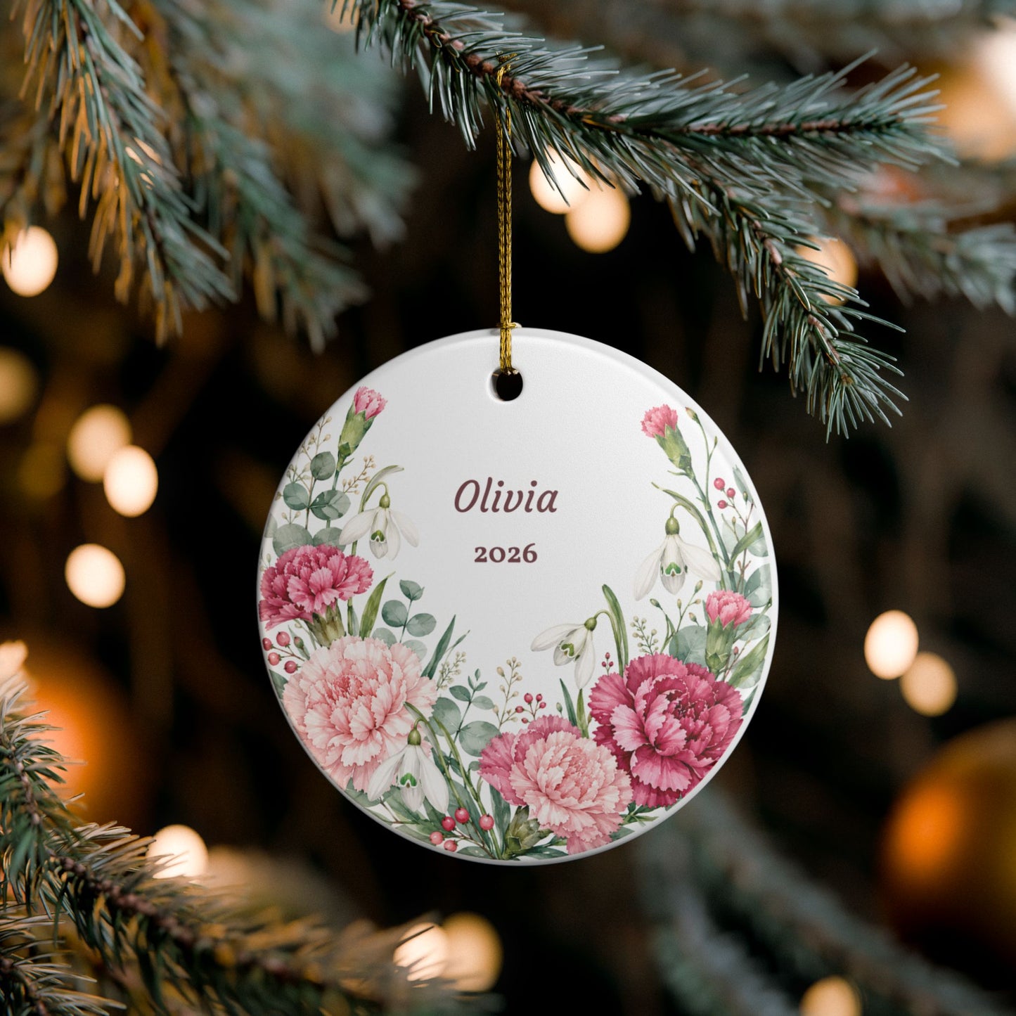 Personalized Floral Ceramic Ornament — Name & Year (Olivia)