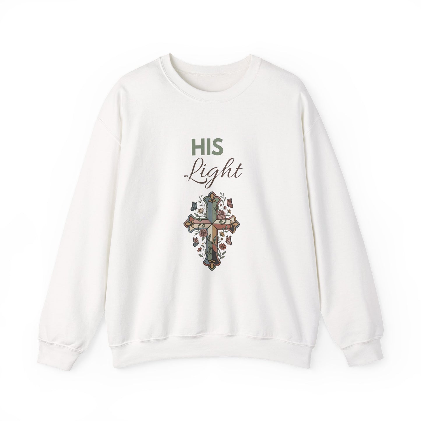 His Light Crewneck Sweatshirt — Floral Cross Christian Graphic Sweatshirt
