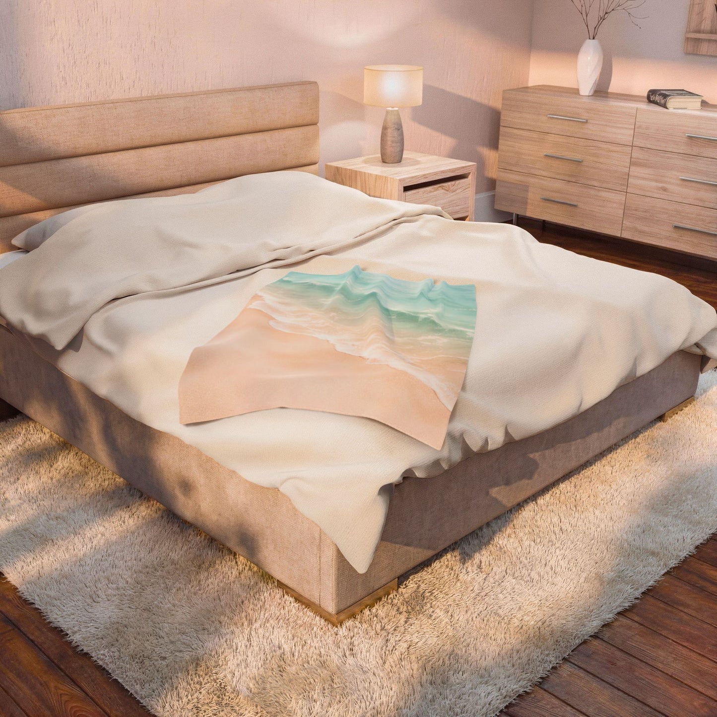 Beach Waves Velveteen Plush Blanket — Soft Pastel Ocean Shore Throw