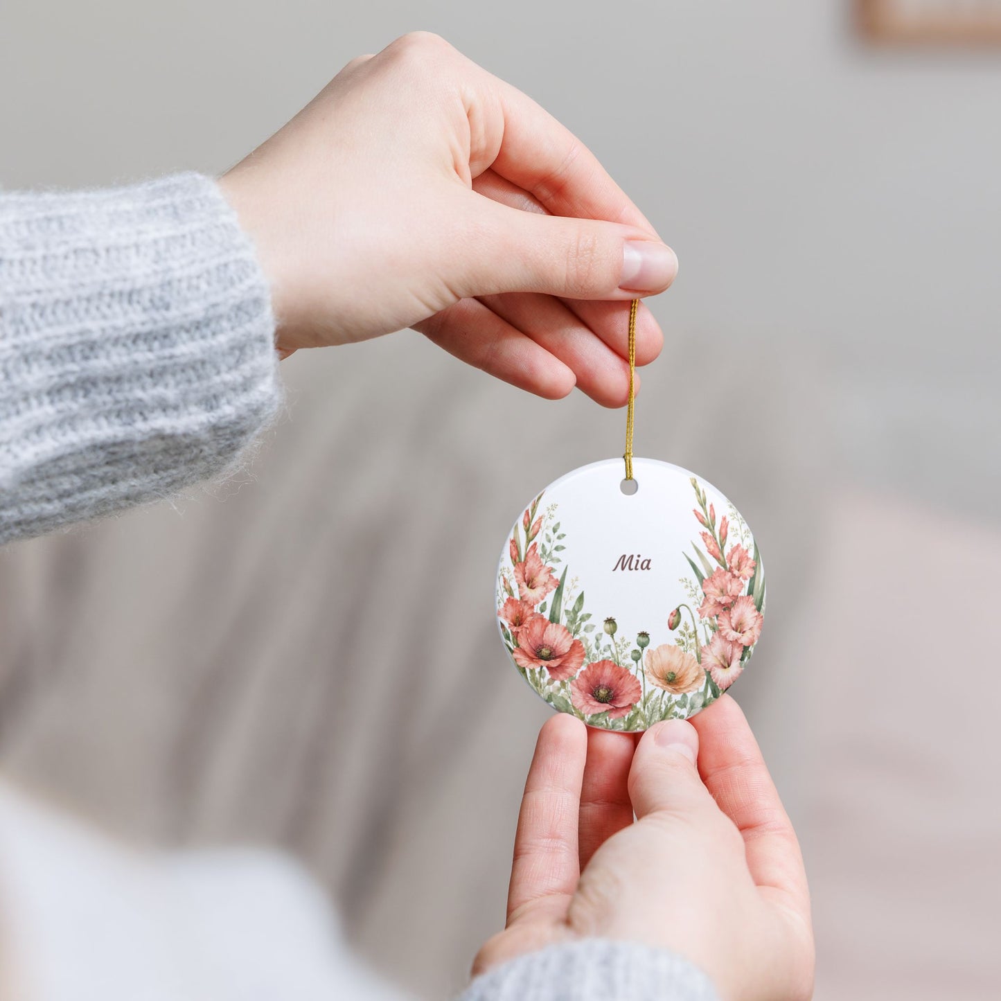 Personalized Floral Ceramic Ornament — Custom Name Poppy & Gladiolus Holiday Decoration