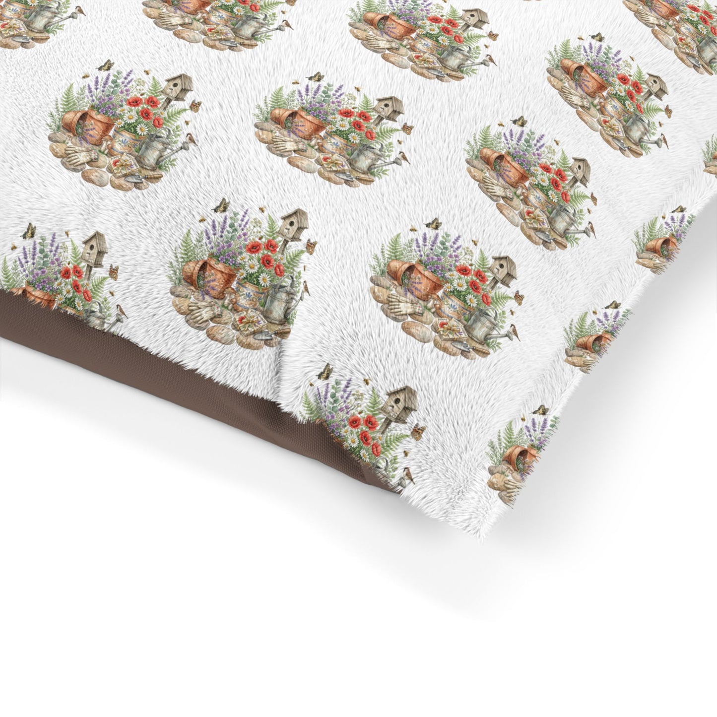 Floral Garden Pet Bed – Watercolor Birdhouse & Flowers
