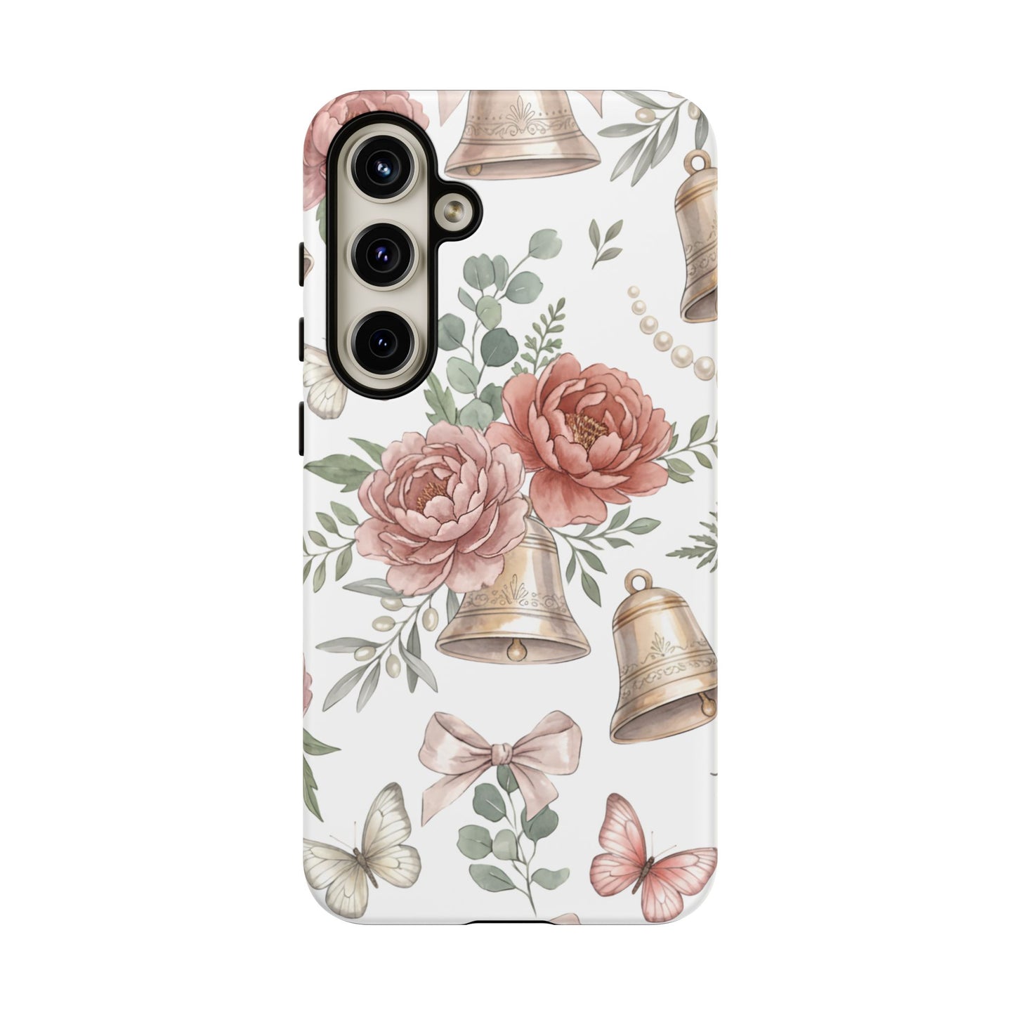 Floral Wedding Bells Phone Case — Vintage Roses, Butterflies & Bow Protective Tough Case