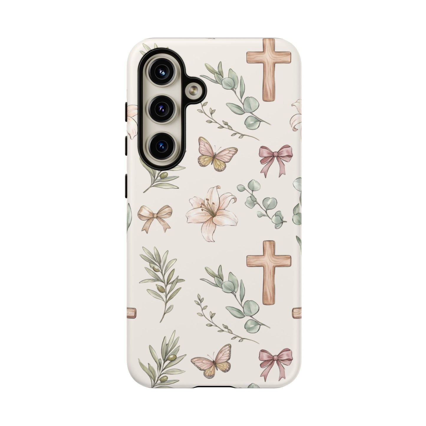 Floral Cross Tough Phone Case — Pastel Butterflies & Bows Christian Design