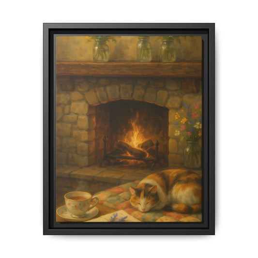Hearthside Comfort – Framed Matte Canvas with Cat, Fireplace & Tea