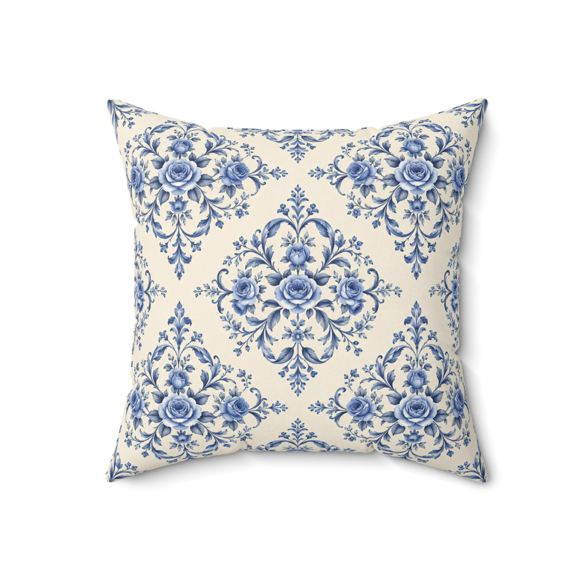 Blue Delft Floral Throw Pillow — Vintage Damask Square Accent Pillow