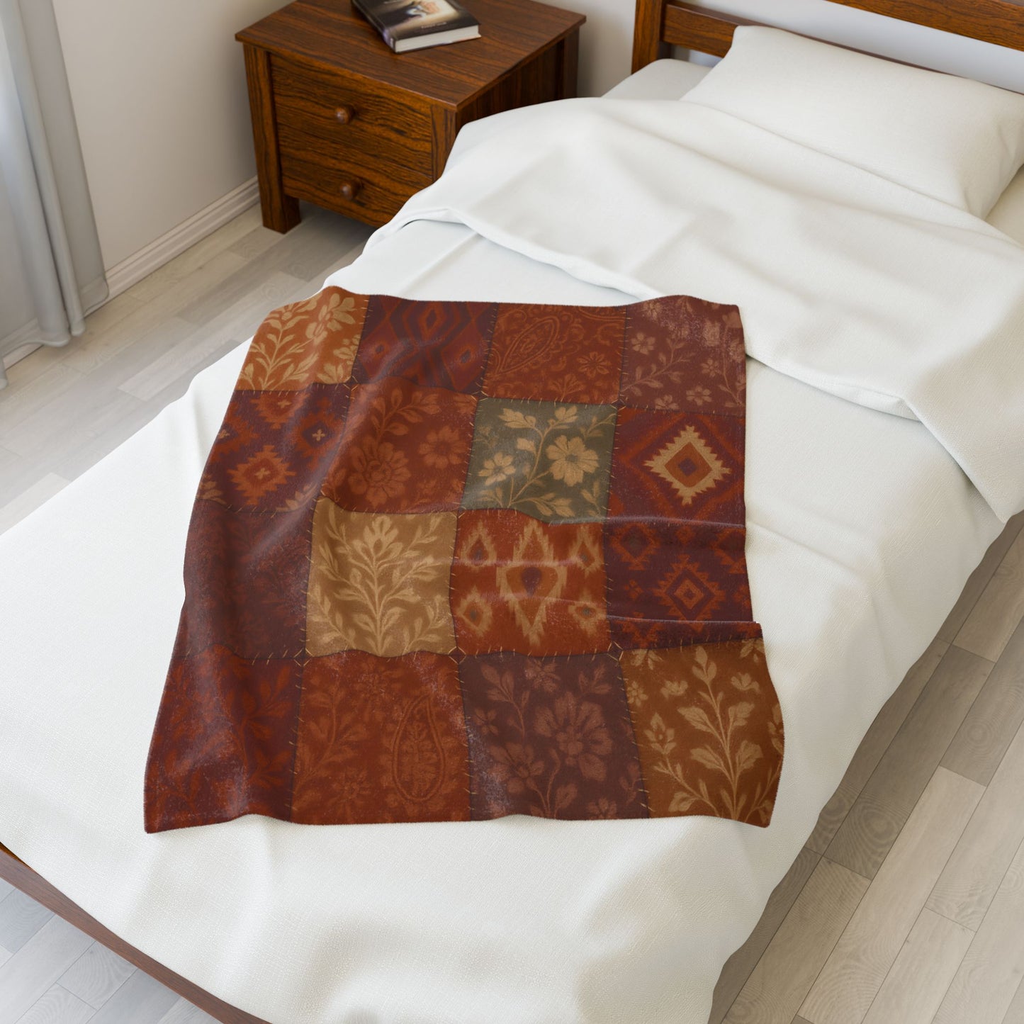 Rustic Patchwork Boho Velveteen Plush Blanket