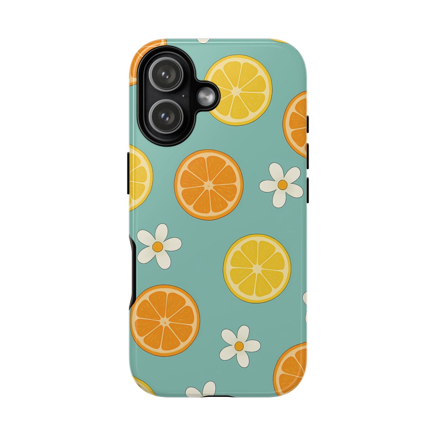 Citrus Bloom Phone Case – Orange, Lemon & Daisy Pattern on Teal