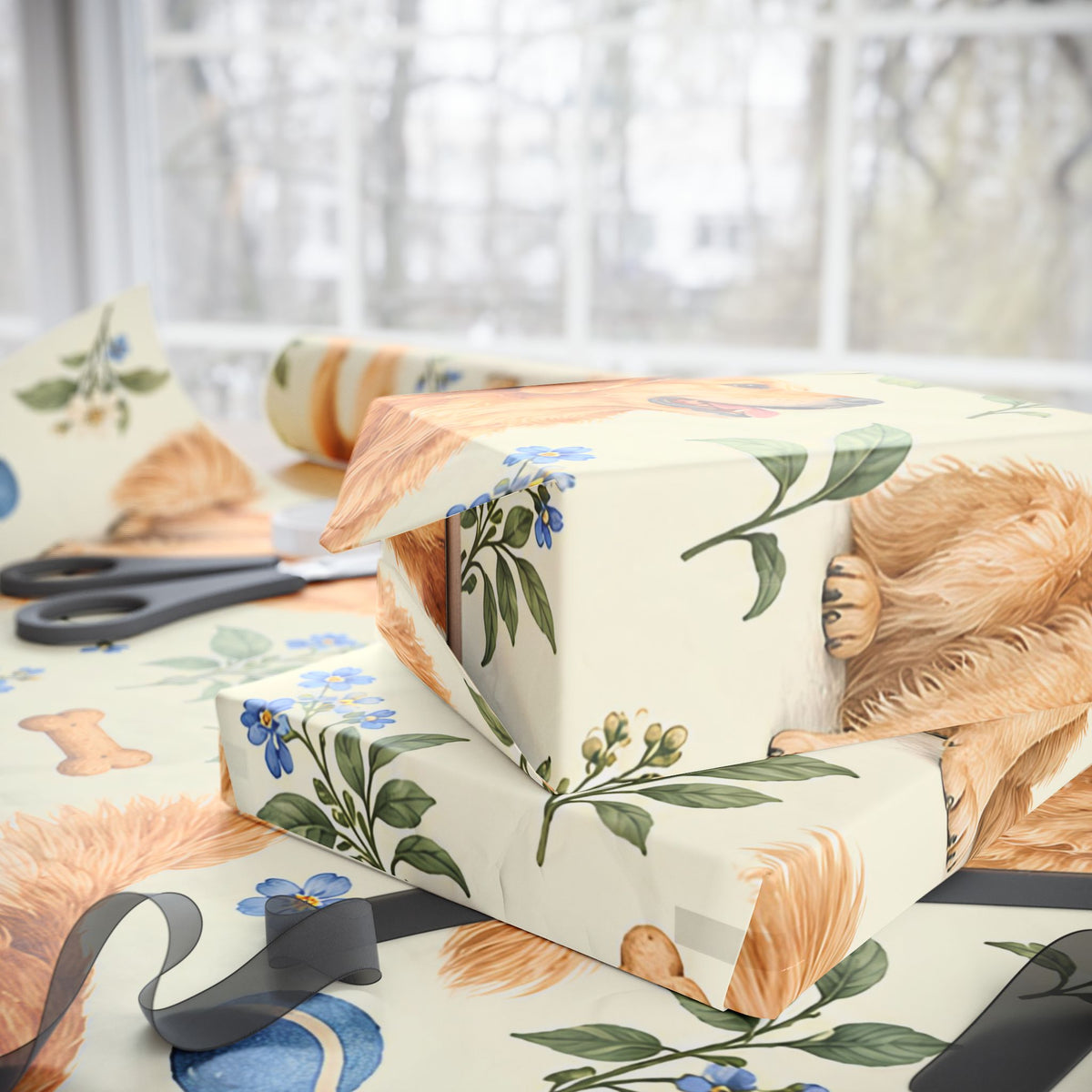 Dog Floral Wrapping Paper — Golden Retriever Gift Wrap (Floral Pattern)