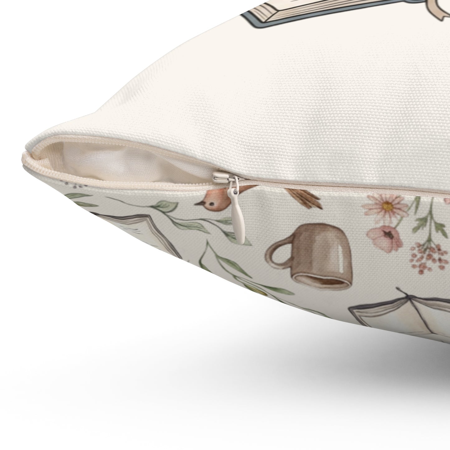 Cozy Book & Coffee Throw Pillow — Mountain Floral Reading Accent