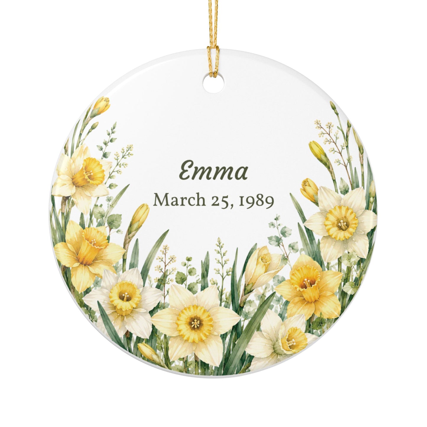 Personalized Daffodil Floral Ceramic Ornament — Name & Date Memorial Gift