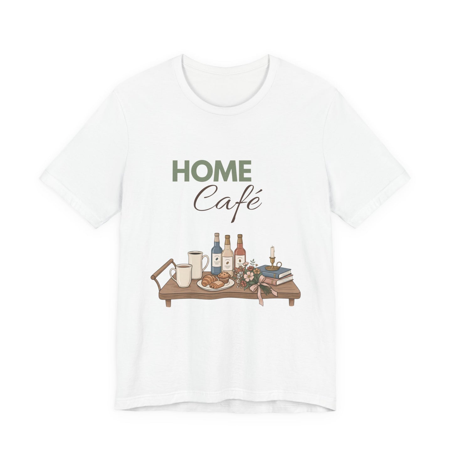 White t-shirt with 'HOME Café' text and graphic of a table with bottles and books on a white background
