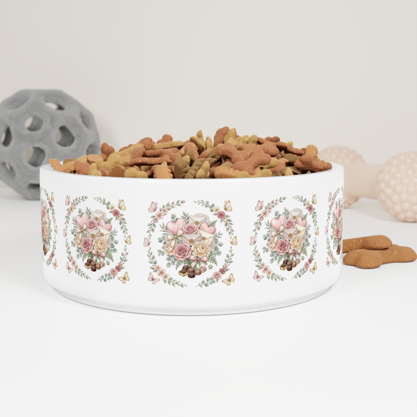 Floral Wreath Pet Bowl — Ceramic Dog Food Dish with Vintage Rose Design