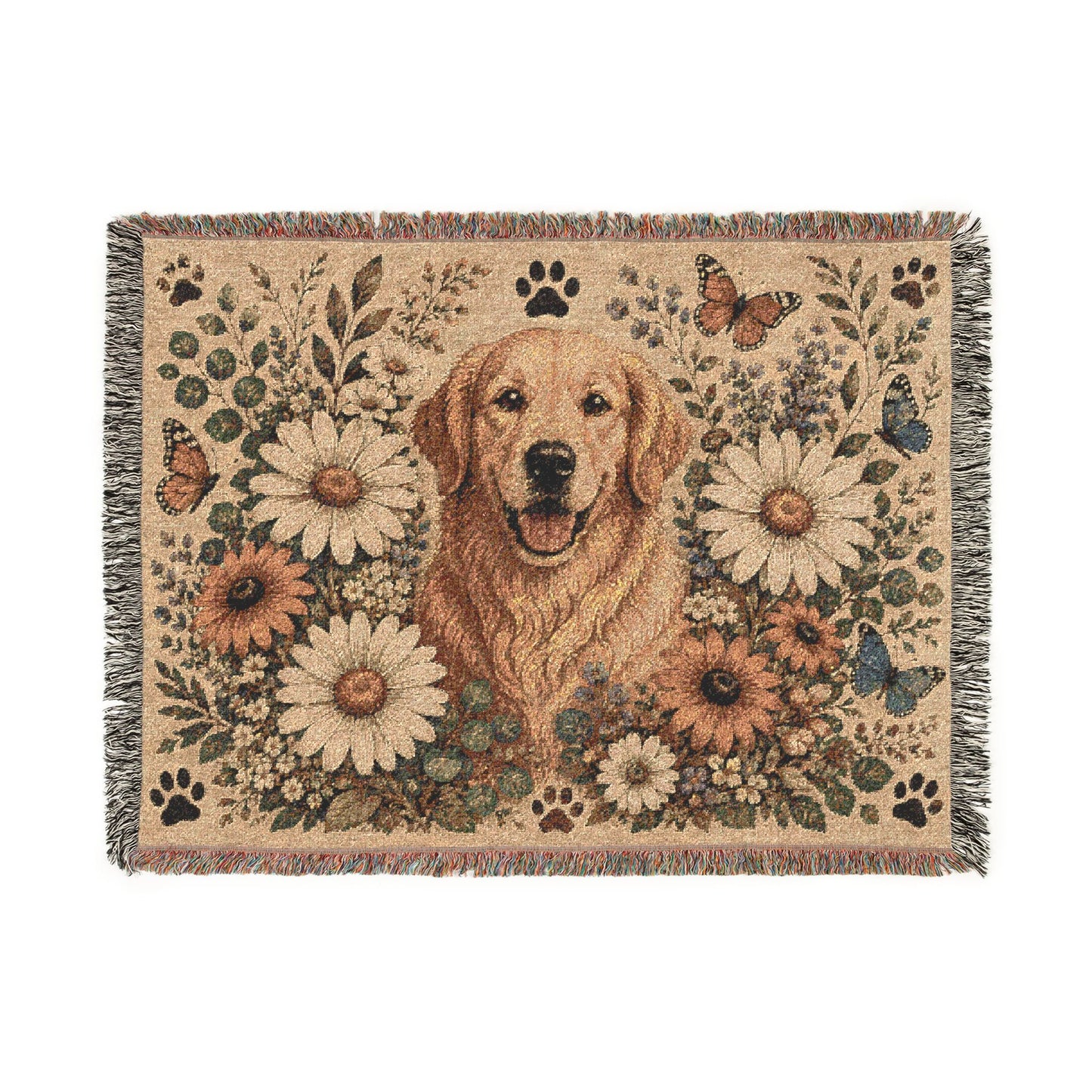 Golden Retriever Floral Woven Blanket — Cozy Throw with Daisies & Butterflies