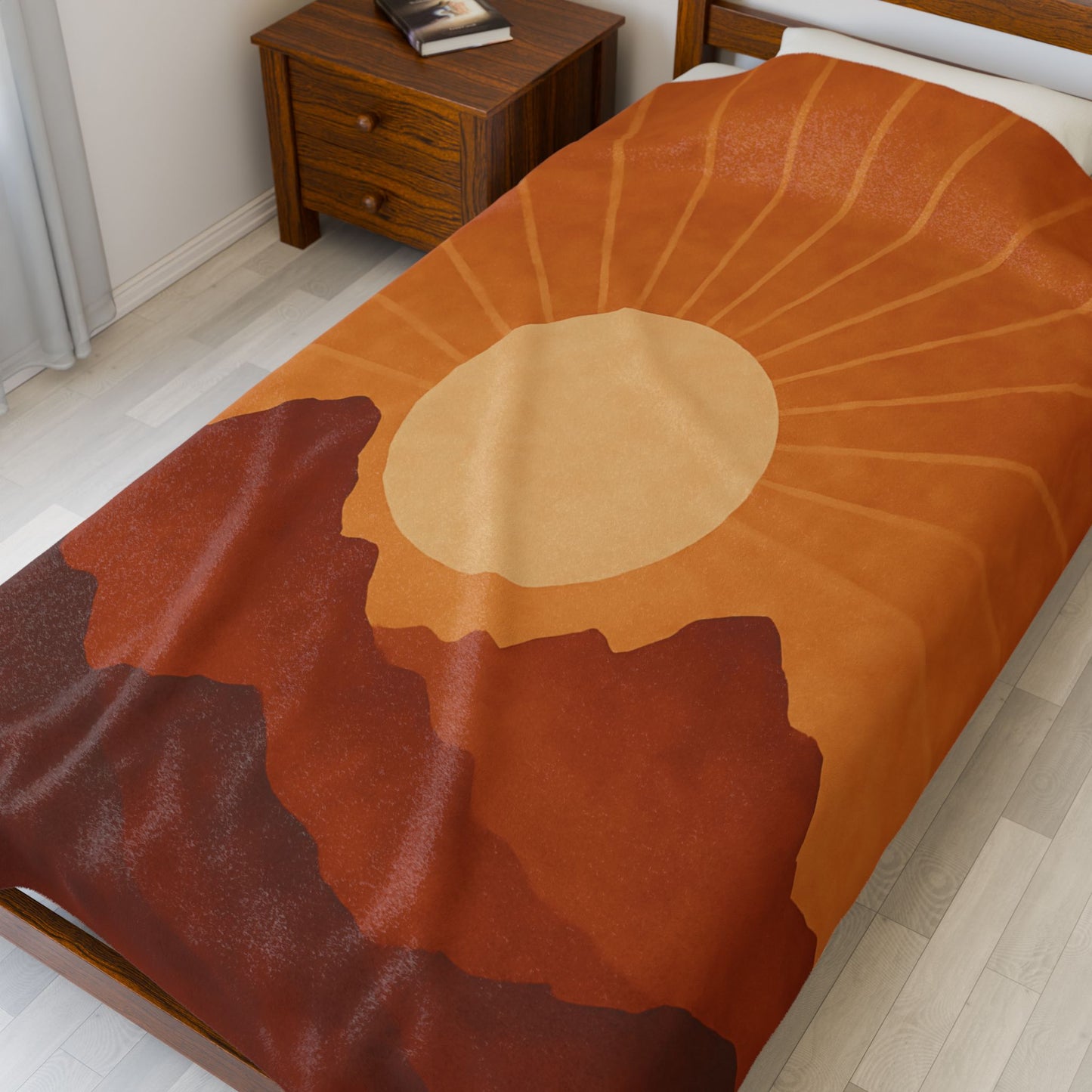 Desert Sunset Mountains Velveteen Plush Blanket – Burnt Orange & Terracotta Landscape Throw