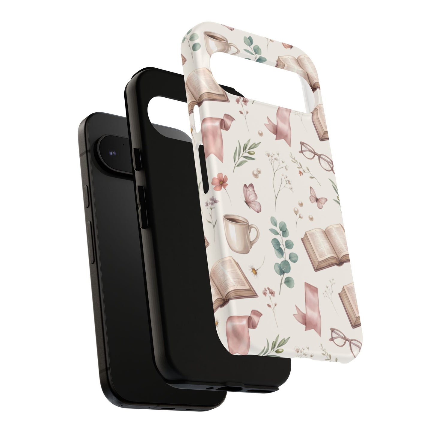 Bookish Floral Phone Case — Cozy Reading Pattern with Open Books, Glasses & Coffee