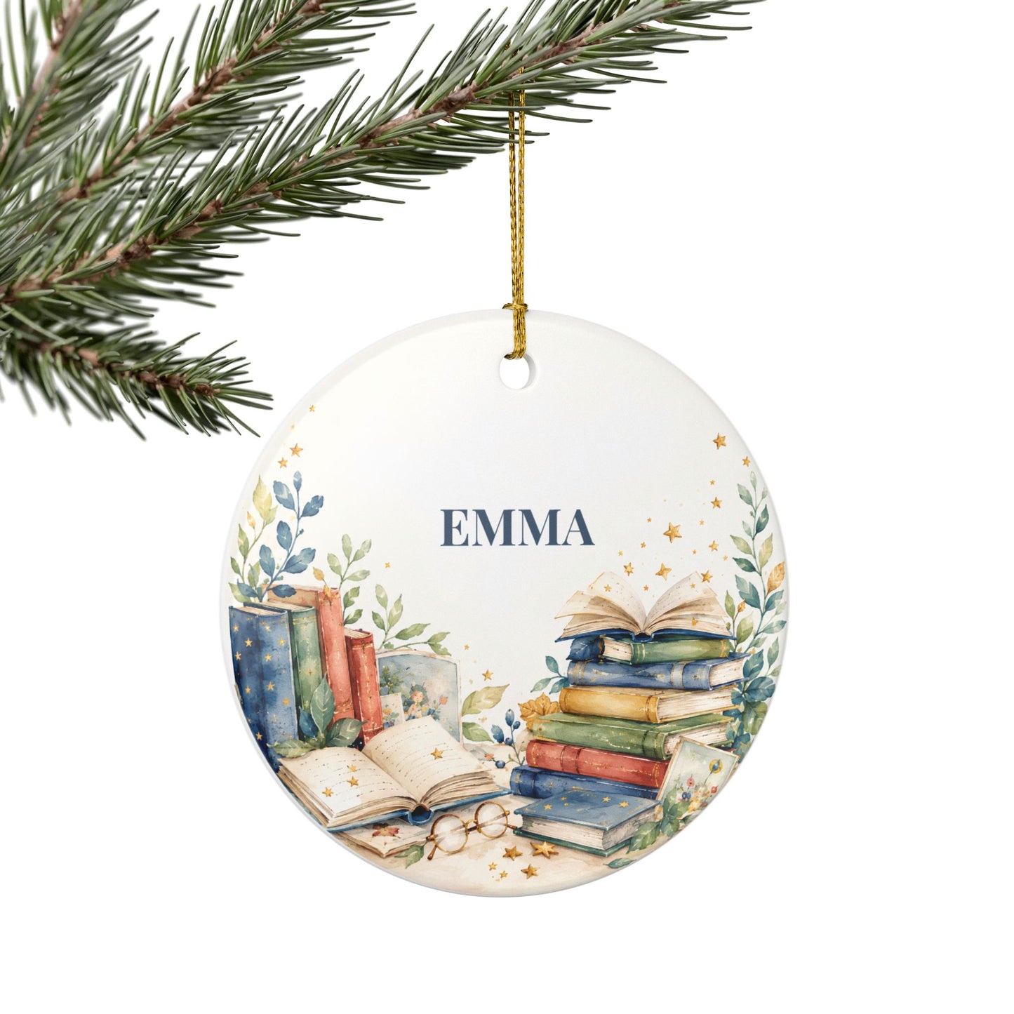 Personalized Book Lover Ceramic Ornament - Custom Name Bookstack Decoration
