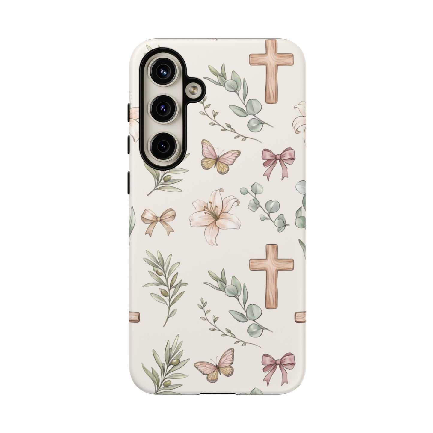 Floral Cross Tough Phone Case — Pastel Butterflies & Bows Christian Design