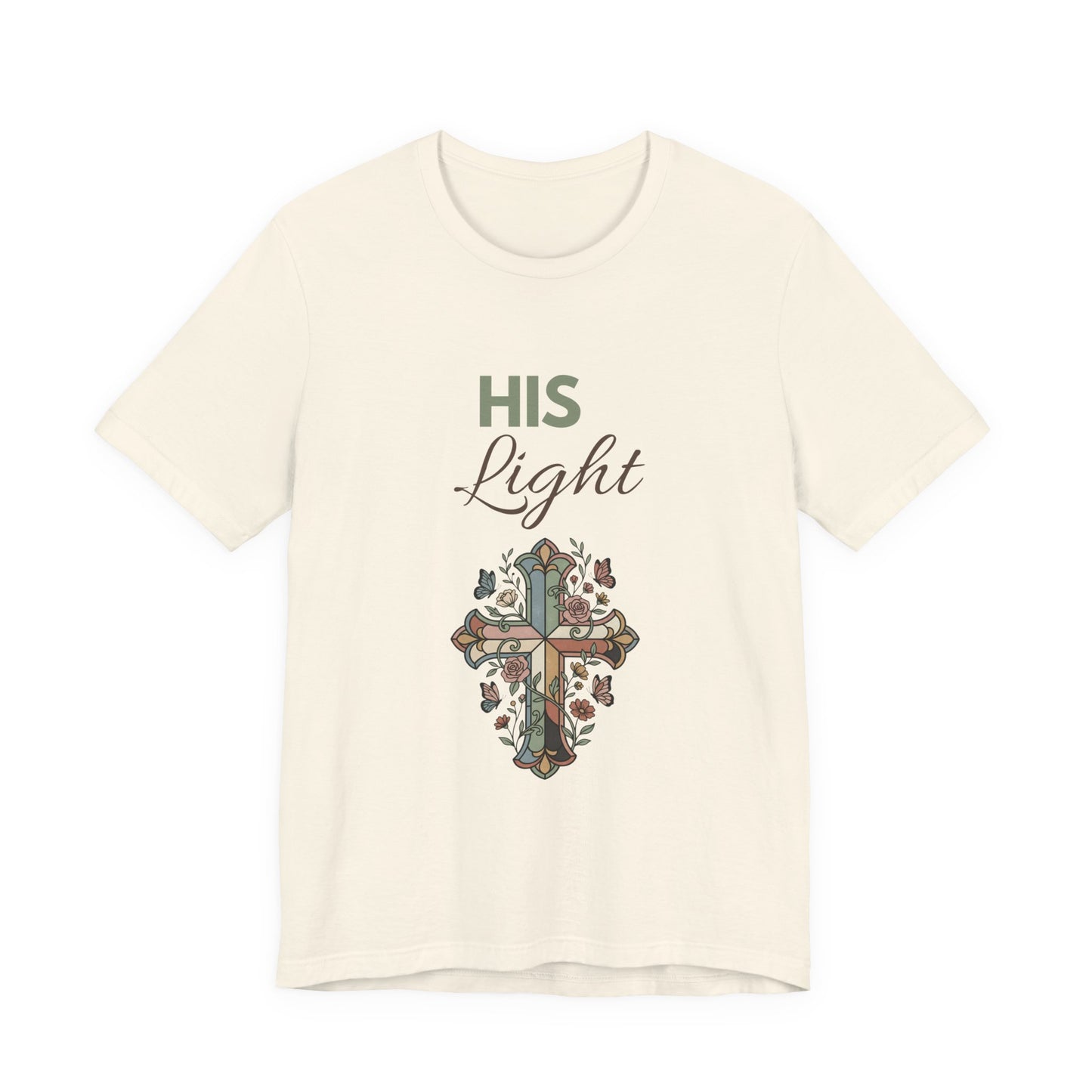 Natural colored t-shirt with a cross design and 'HIS Light' text on a white background