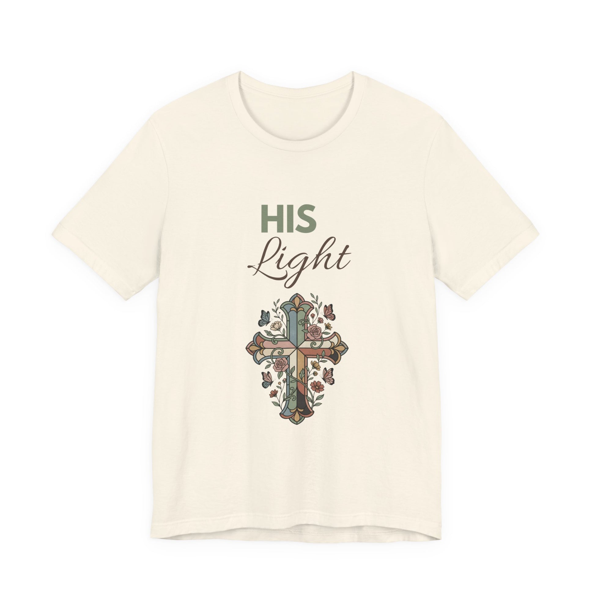 Natural colored t-shirt with a cross design and 'HIS Light' text on a white background