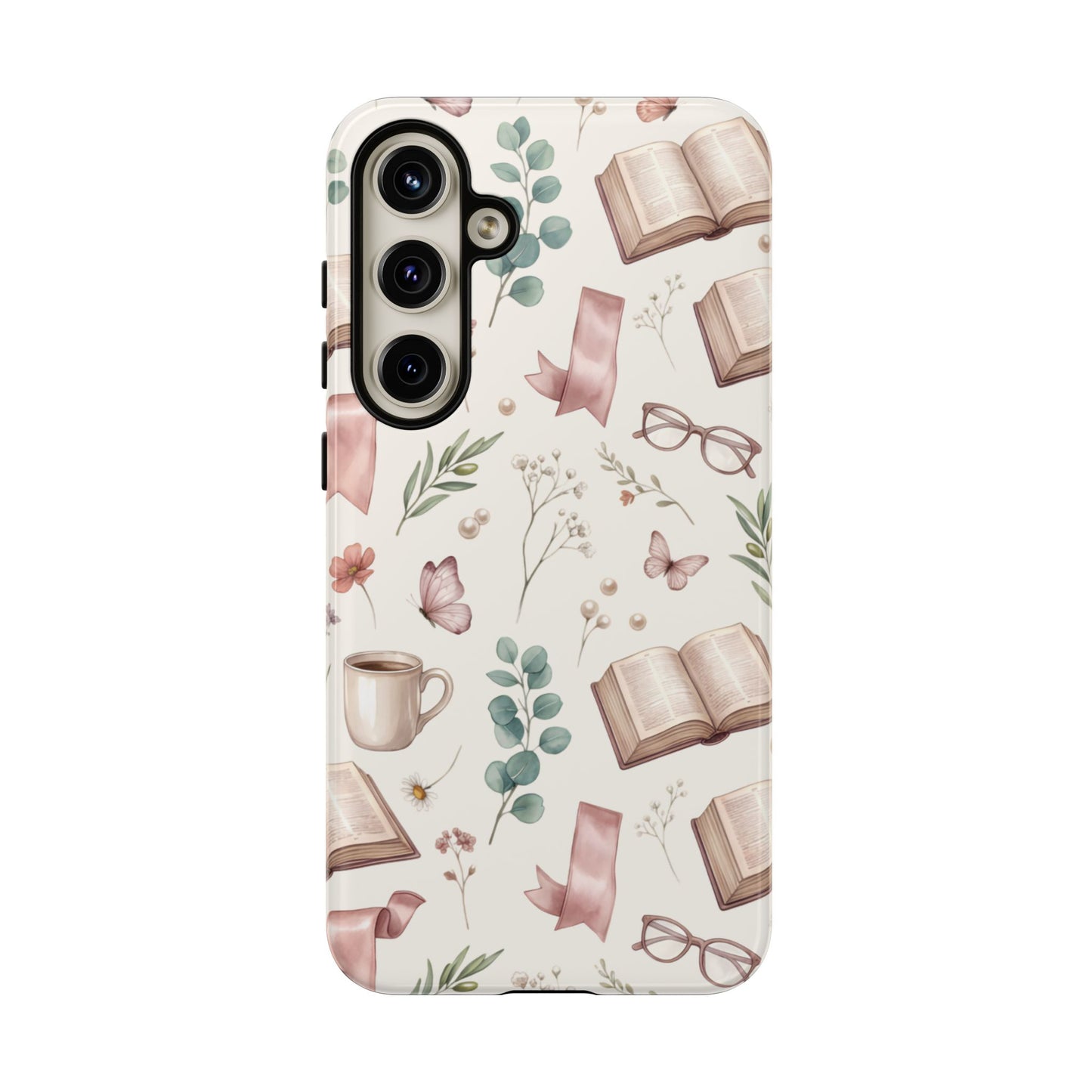 Bookish Floral Phone Case — Cozy Reading Pattern with Open Books, Glasses & Coffee