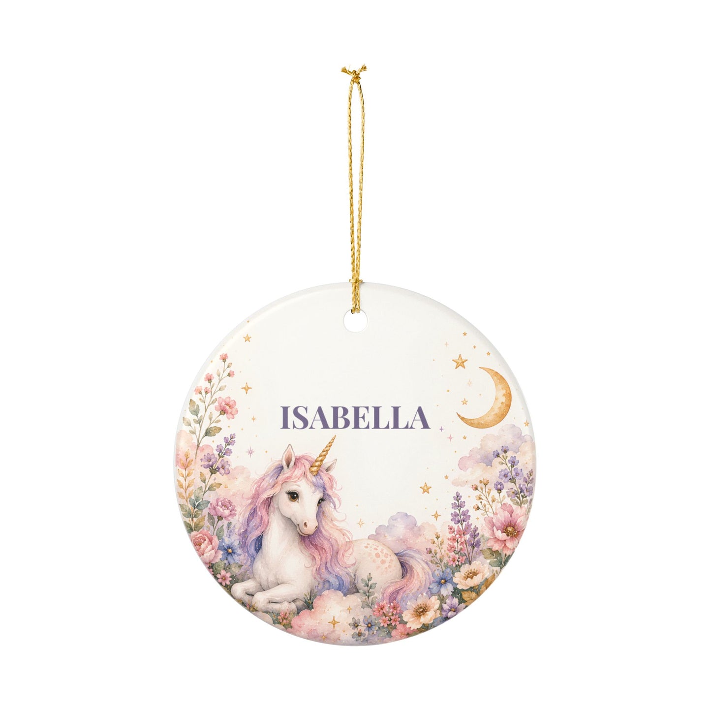 Personalized Unicorn Ornament — Ceramic Name Decoration (Isabella)