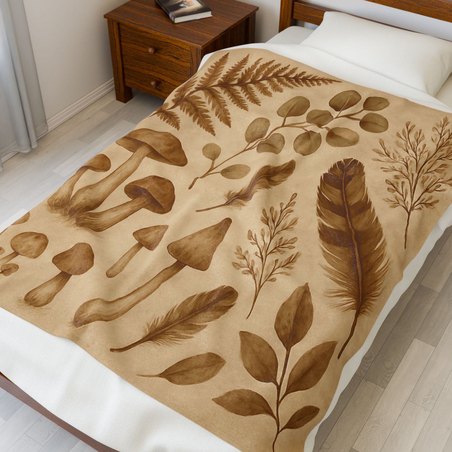Botanical Mushroom & Fern Plush Blanket - Earthy Nature-Inspired Throw