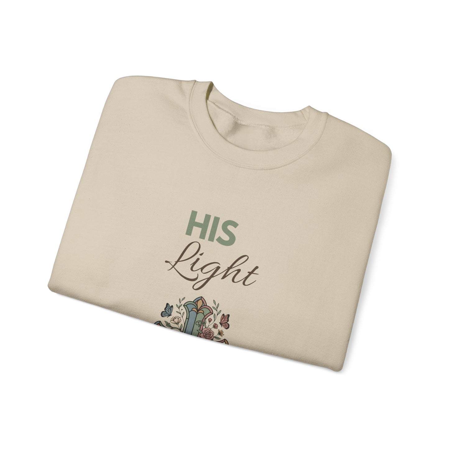 His Light Crewneck Sweatshirt — Floral Cross Christian Graphic Sweatshirt