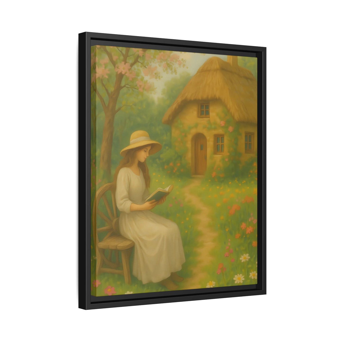 Cottage Garden Reader – Framed Matte Canvas Wall Art of Woman Reading by a Thatched Cottage
