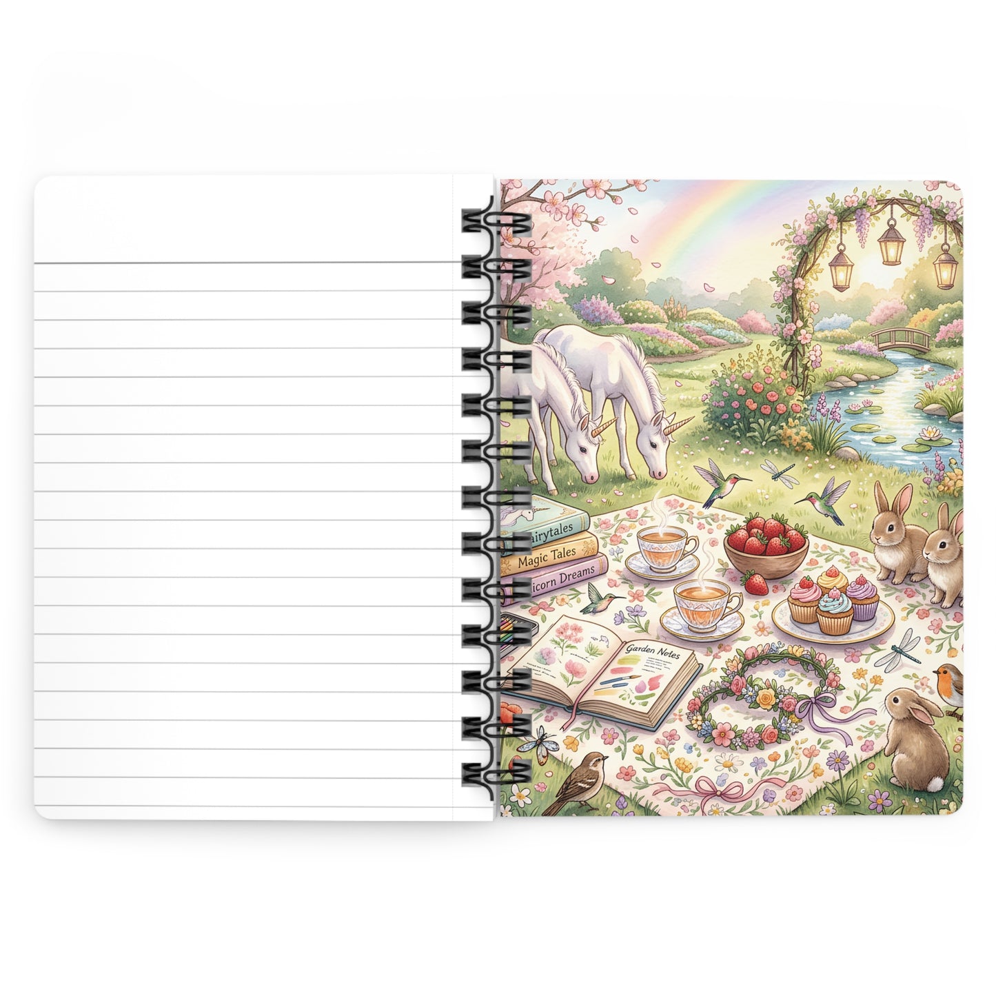 Whimsical Garden Tea Party Spiral Journal — Unicorn Picnic & Rainbow Illustration