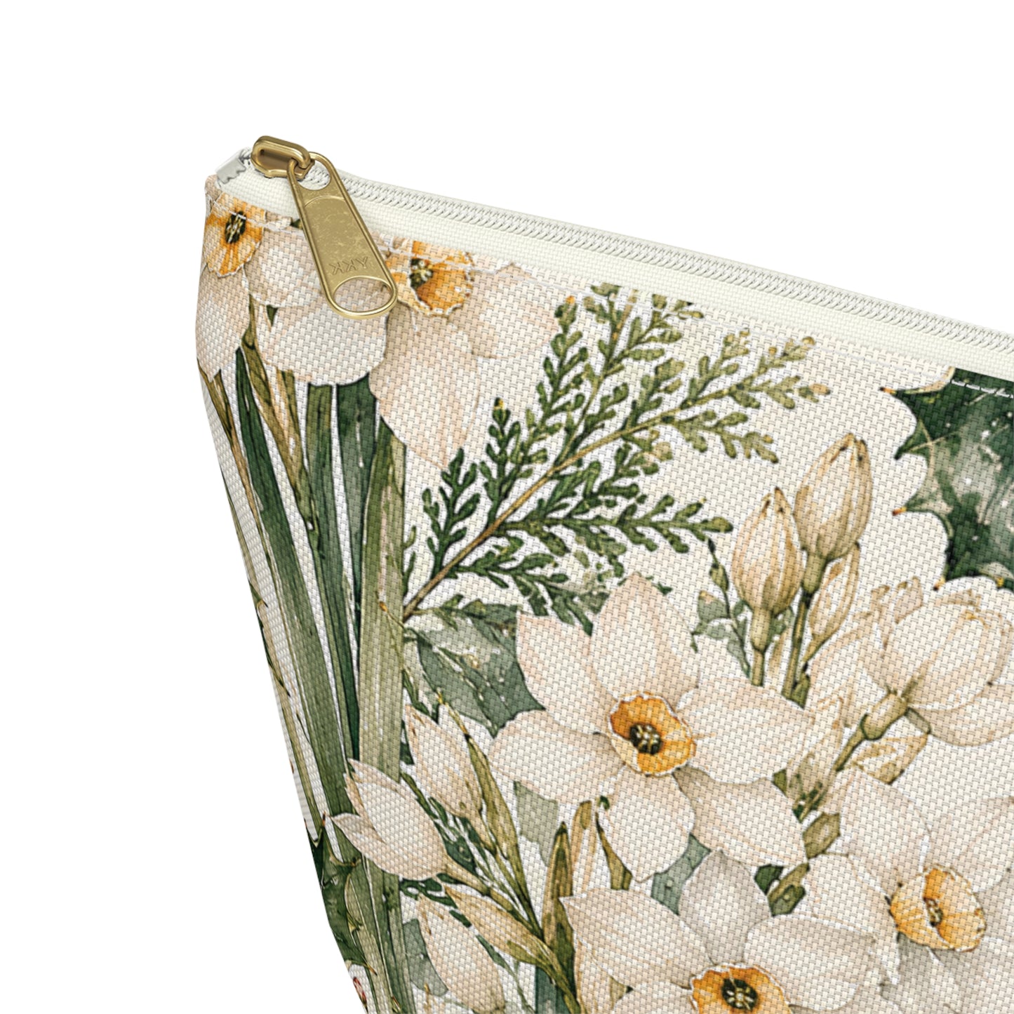 Floral Winter Accessory Pouch — Holiday Daffodil & Holly Makeup Bag