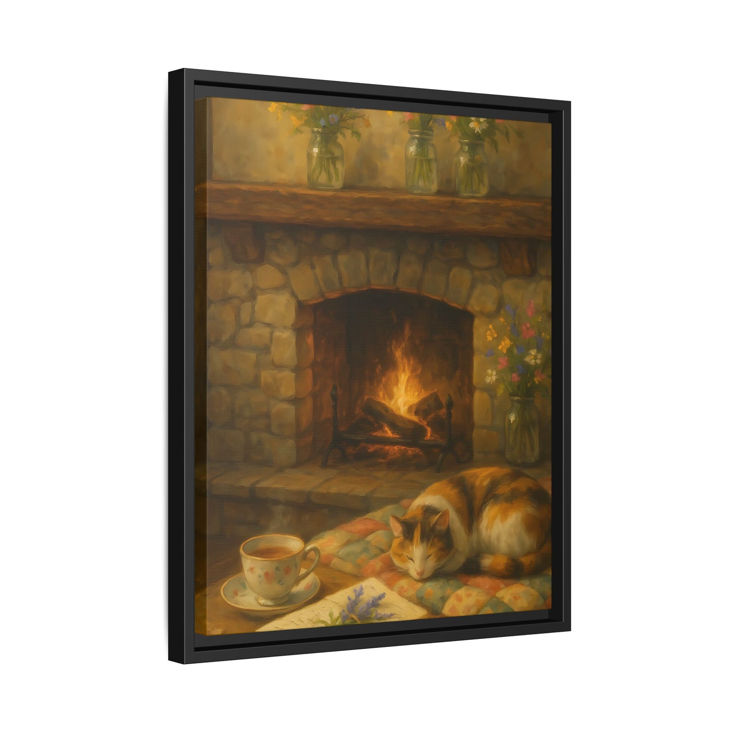 Hearthside Comfort – Framed Matte Canvas with Cat, Fireplace & Tea