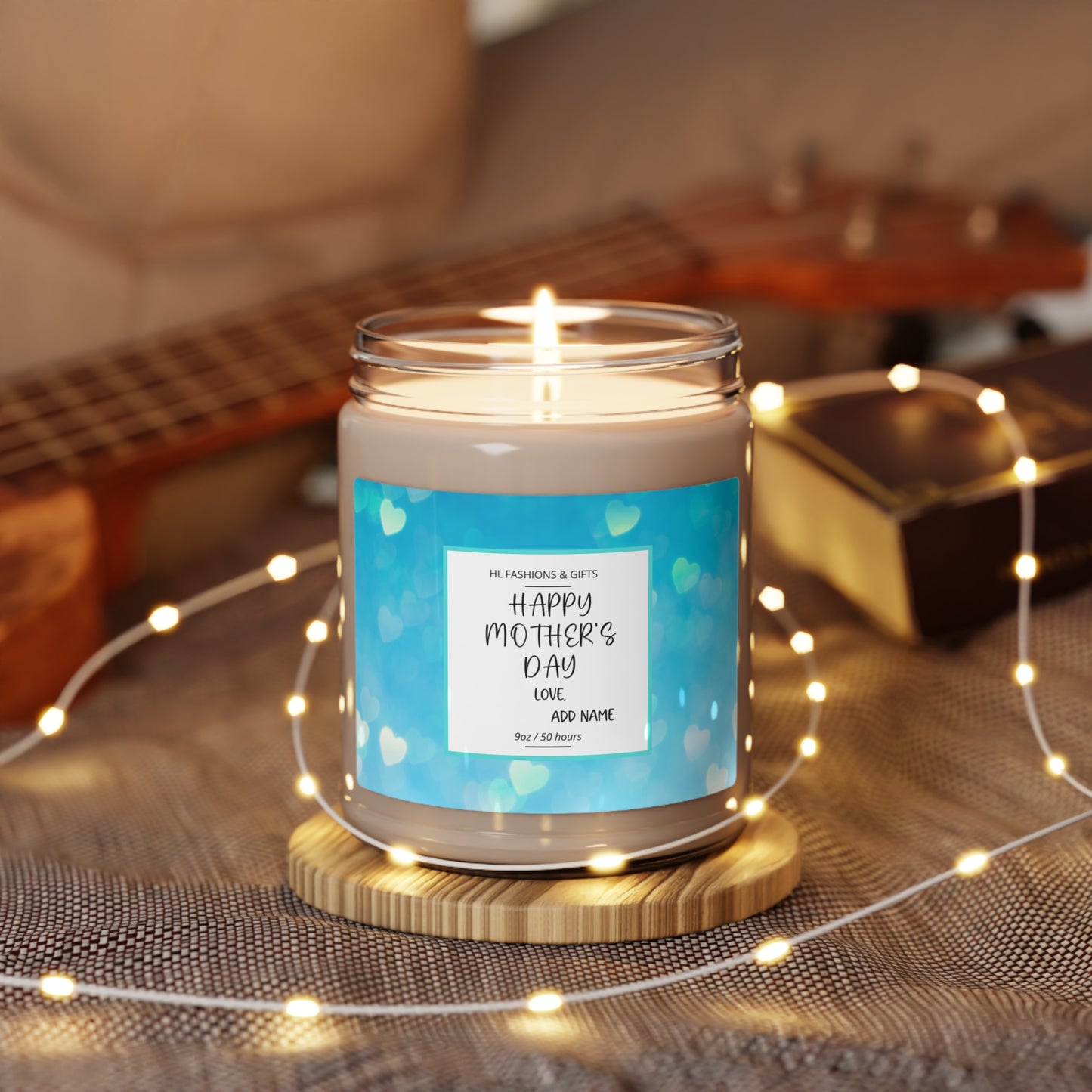 Custom Happy Mother's Day Soy Candle - Blue Hearts