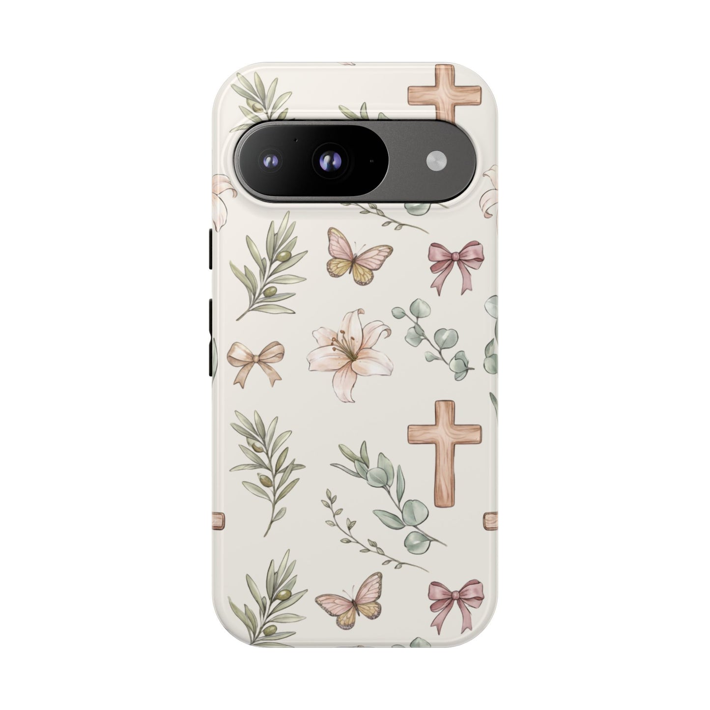 Floral Cross Tough Phone Case — Pastel Butterflies & Bows Christian Design