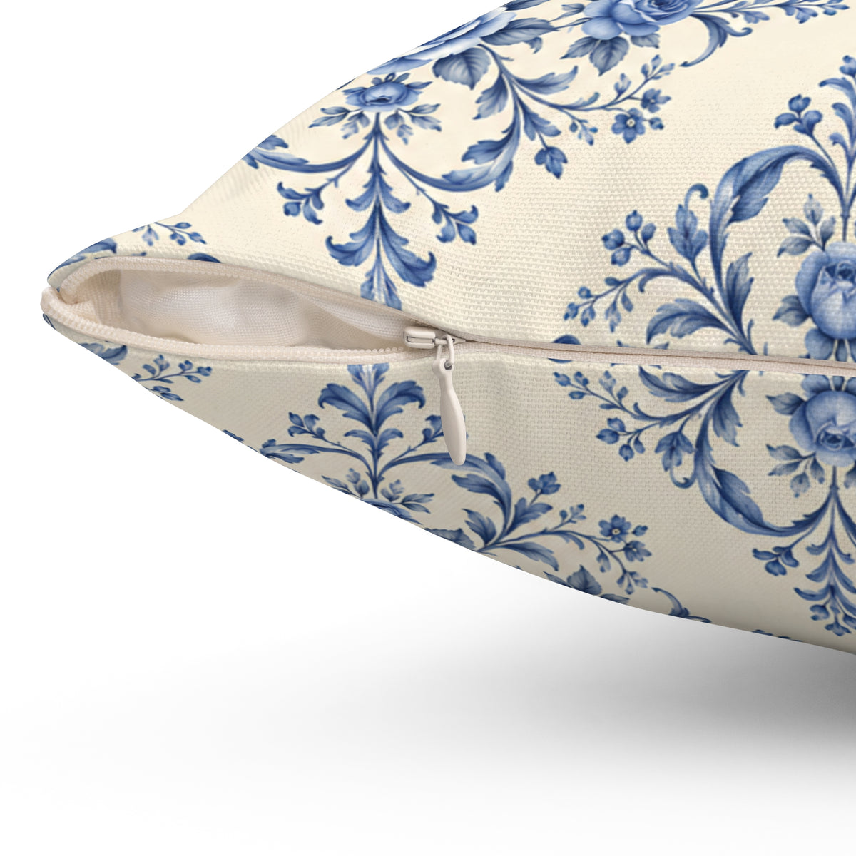 Blue Delft Floral Throw Pillow — Vintage Damask Square Accent Pillow